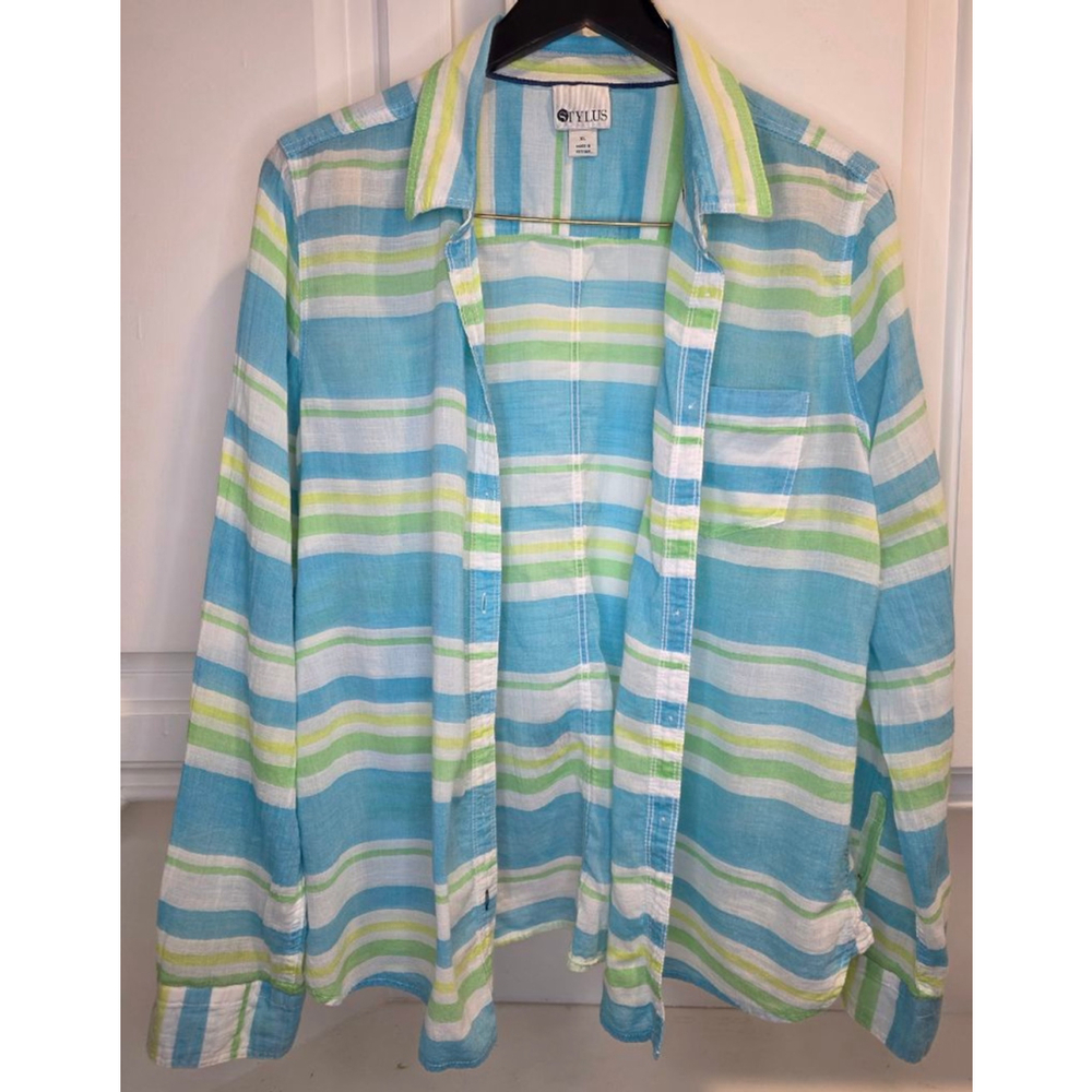 Stylus women’s XL striped 100% cotton long sleeve button up shirt blue green - Picture 4 of 10